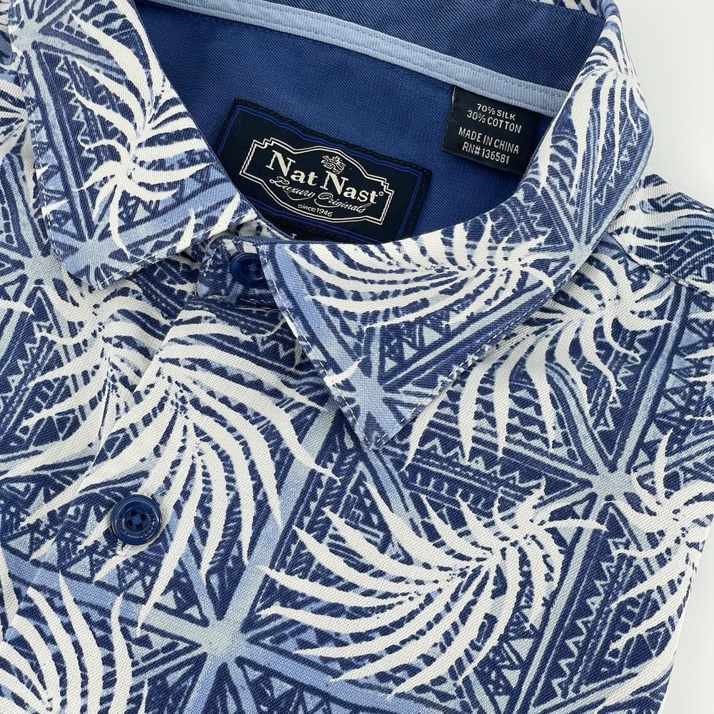 Nat Nast Shirt Mens L Short Sleeve Button-Up Blue Palm Print Silk Cotton Casual